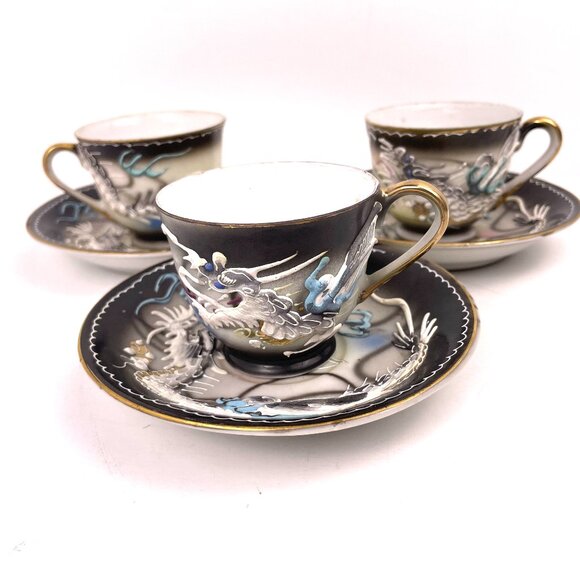 Vintage Japanese Moriage Dragon Demitasse Tea Set – Hand-Painted, 3 Cup & Saucer - Picture 1 of 12